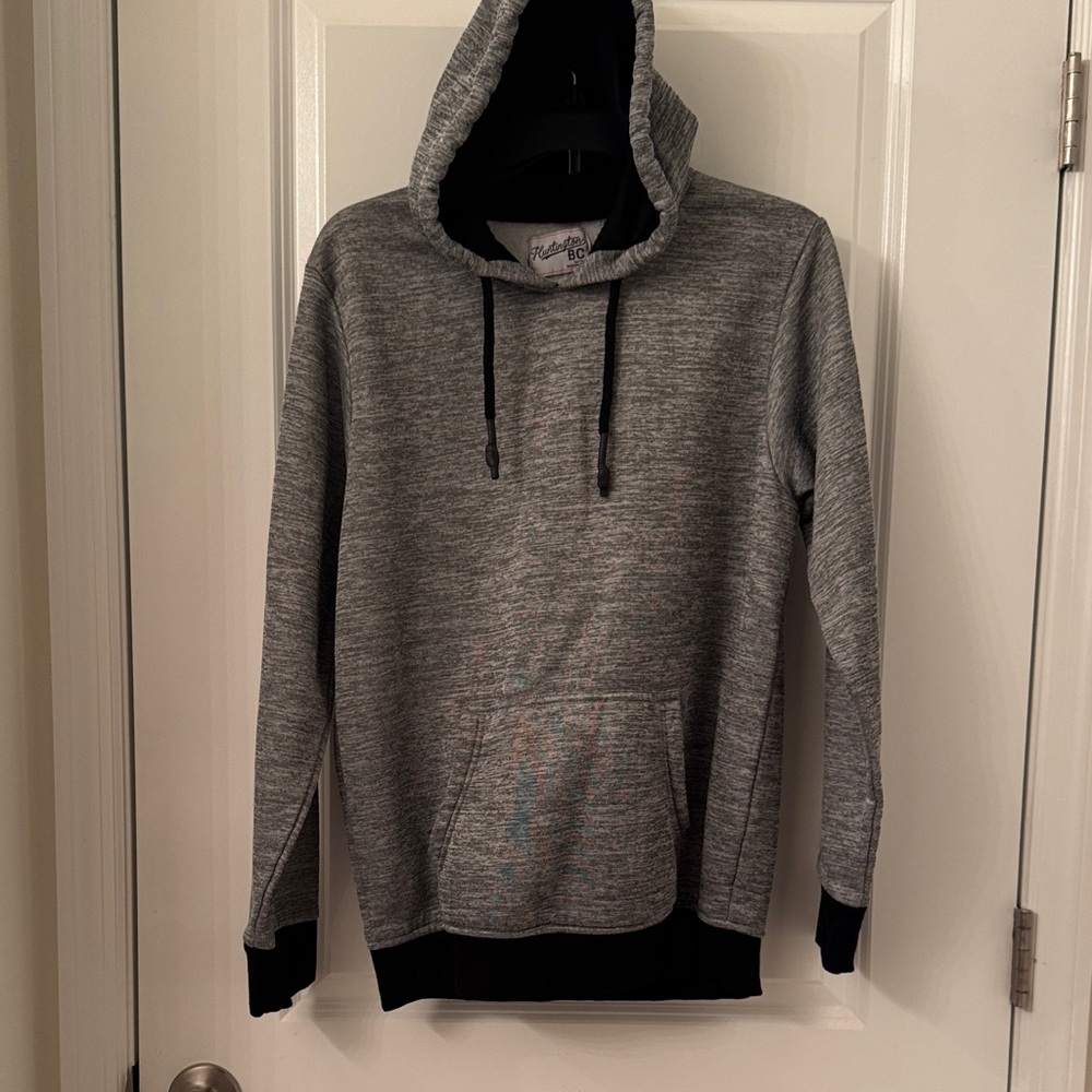 Huntington BC hoodie, kangaroo pocket, grey, black trim size medium